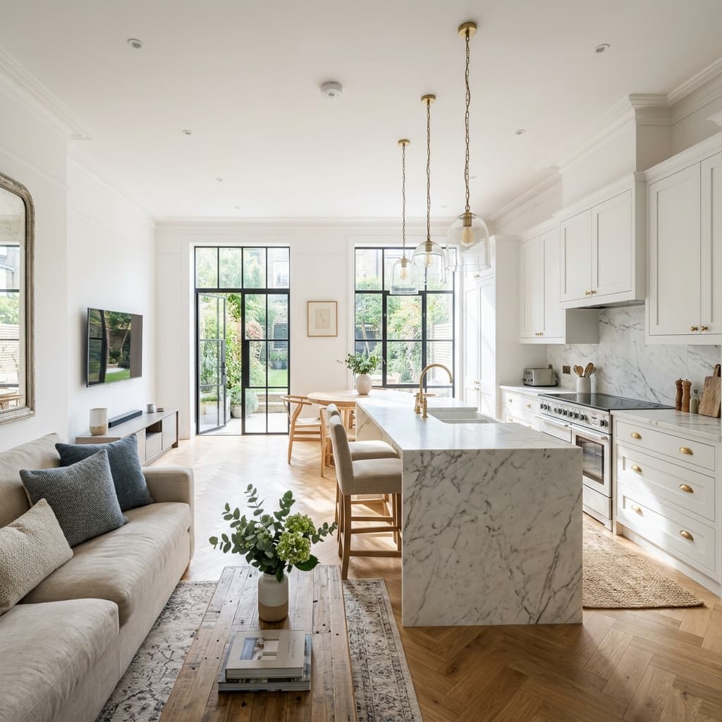 Beautifully renovated open-plan kitchen and living space in a London home